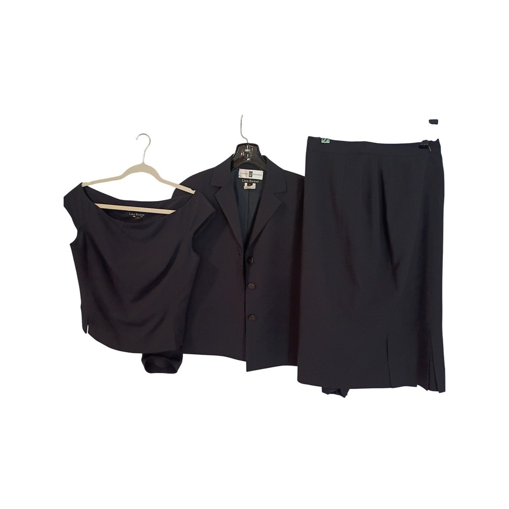 Lida Baday Womens 3 Piece Wool Suit Set Blazer Top Pencil Skirt Black Size 6